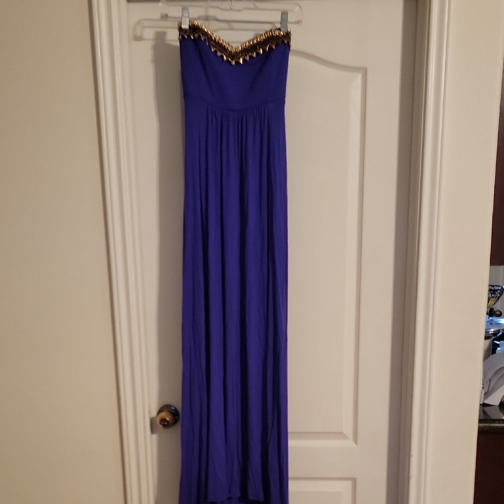 bebe Strapless Royal Blue Maxi Dress with Gold Accent
